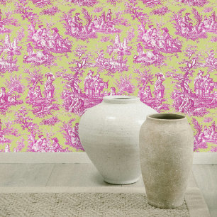 Papier Peint Élégant Vert Rose Vintage Toile de Jouy Française