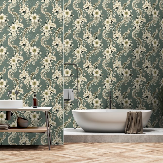 Papier Peint Elégant vert Victorian Dentelle Motif (Salle de bain)