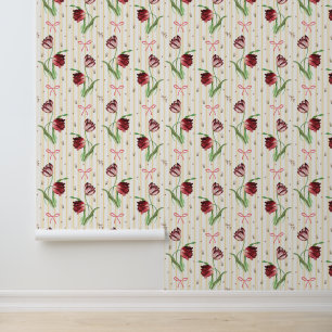 Papier Peint Elégant Vintage Bows Tulips Floral Stripe Motif