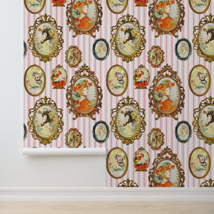 Papier Peint Élégant Vintage Fleurs Portrait Fille Rose rayé
