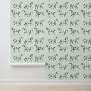 Papier Peint Elégant Vintage Galloping Horses Sage Toile