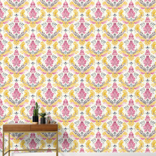 Papier Peint Élégant Vintage jaune vif et rose Damas