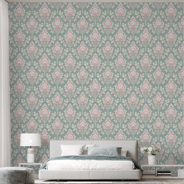 Papier Peint Elégant Vintage Sage vert et rose Damask (Chambre à coucher)
