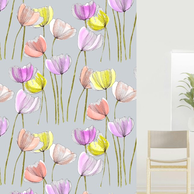 Papier Peint Elégante aquarelle vive et tulipes d'encre (Créateur téléchargé)