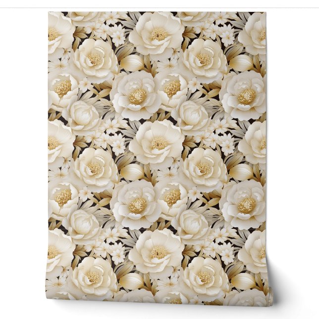 Papier Peint Élégante crème 3d et fleurs dorées printemps fleur (Déroulement)