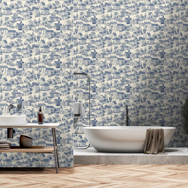 Papier Peint Elégante toile bleue de Jouy Village Peel & Stick (Salle de bain)