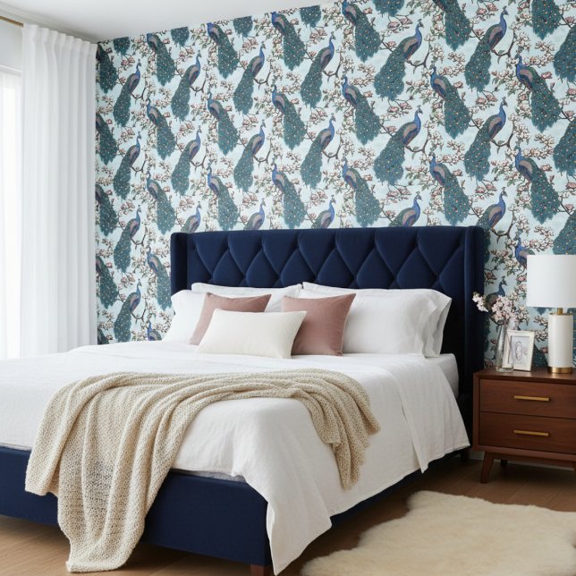 Papier Peint Élégants Peacocks Turquoises et Fleurs de Magnolia (Contemporary Floral Peacock Pattern Wallpaper in Light Blue. Teal Peacock Birds & Magnolia Flowers)
