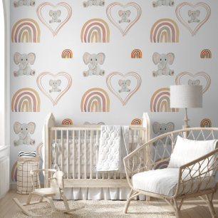 Papier Peint Élément d'art aquarelle éléphant mignon cœurs arc-