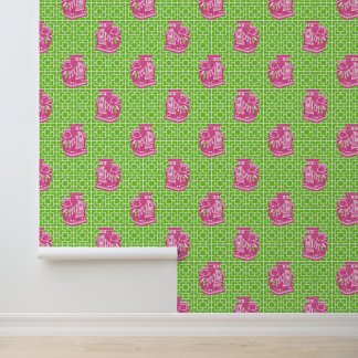 Papier Peint Éléphant de chinoiserie sur bambou - Rose vif et C
