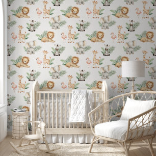 Papier Peint Éléphant Safari Girafe Zèbre Flamant Rose Lion Béb