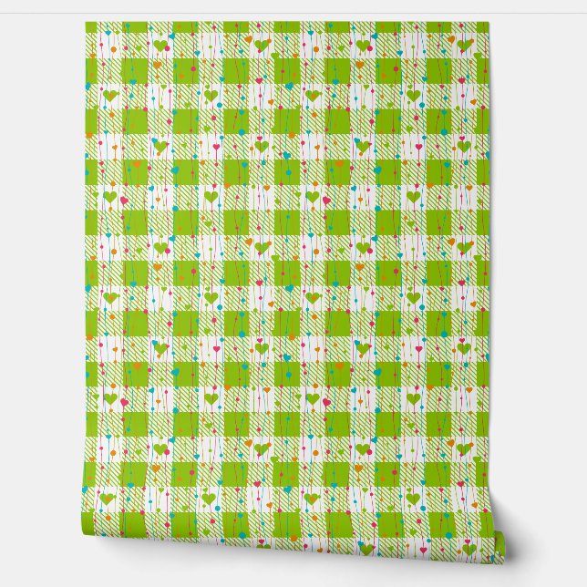 Papier Peint en vichy À damiers Coeurs Motifs Plaids sans coutu (Déroulement)