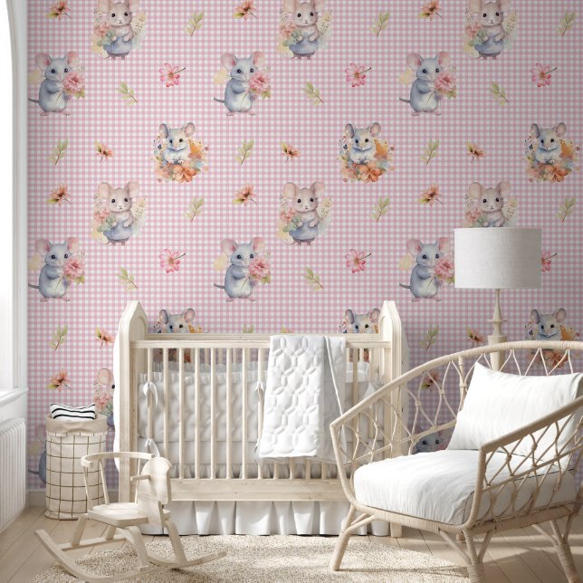 Papier Peint Enchanter les souris sur rose En vichy vérifier av (Enfants)