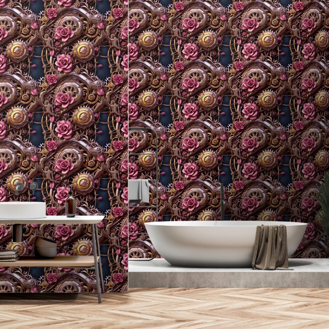 Papier Peint Engrenages en métal vapeur et roses roses roses (Salle de bain)