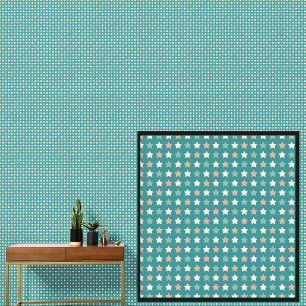 Papier Peint Etoiles blanches orange vert géométrique sur vert