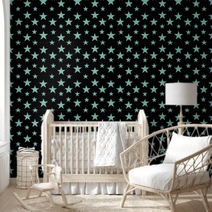 Papier Peint Étoiles Bleu-Vert Mystiques et Fond Noir