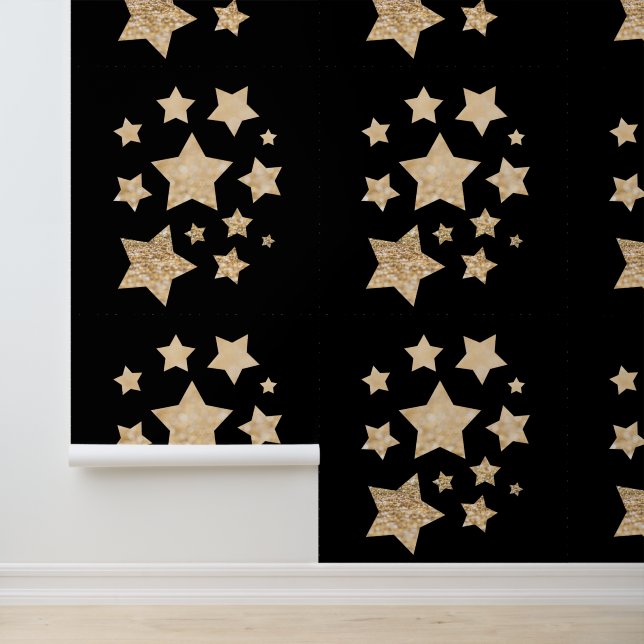 Papier Peint Etoiles brillantes or Joyeux Noël Fête Noir (Application)