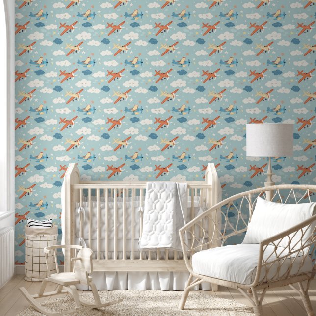 Papier Peint Étoiles d'avion et Motif de nuage Baby Nursery (Enfants)