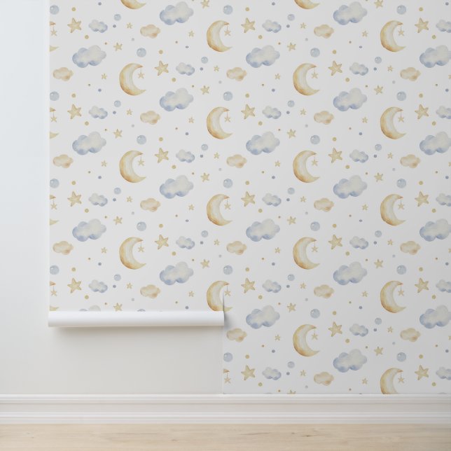 Papier Peint Etoiles de lune d'aquarelle et Motif de nuage (Application)