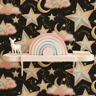 Papier Peint Étoiles et Lunes Célestes Rose et Or