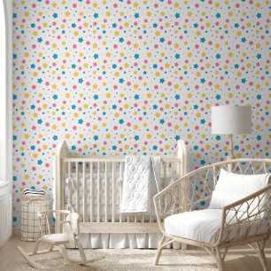 Papier Peint Étoiles roses, jaunes et bleues sur Motif blanc
