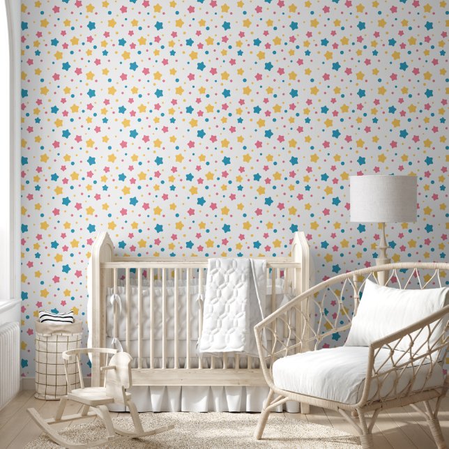 Papier Peint Étoiles roses, jaunes et bleues sur Motif blanc (Enfants)