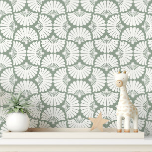 Papier Peint Éventail de palmier ogee vert sauge et blanc moder