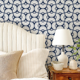 Papier Peint Éventail Palmier Ogee Moderne Bleu Nuit et Blanc