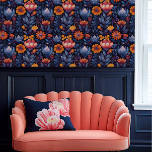Papier Peint Fairycore Whimsical Orange, Rouge et Bleu Floral