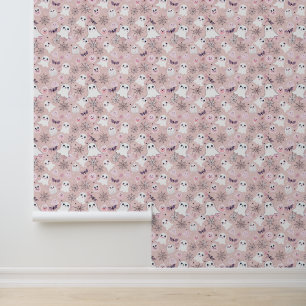 Papier Peint Fantômes roses et éléments d'Halloween Motif sans