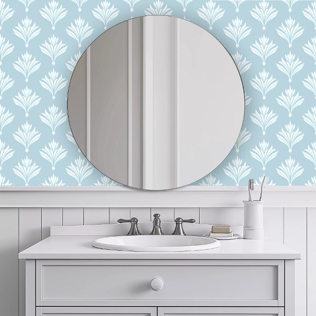 Papier Peint Faune bleue monochromatique (Monochromatic Blue Fauna Wallpaper in a white bathroom.)
