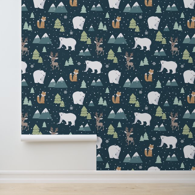 Papier Peint Festif Noël Vacances carrelé animaux mixtes (Application)