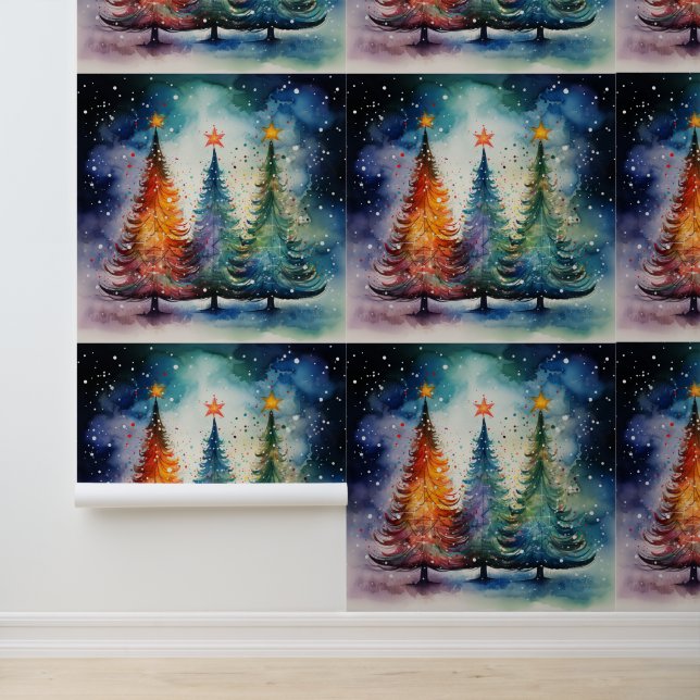 Papier Peint Festive Watercolor Winter Trees Textured  (Application)