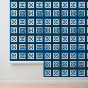 Papier Peint Feuillage à carreaux blancs sur fond bleu marine