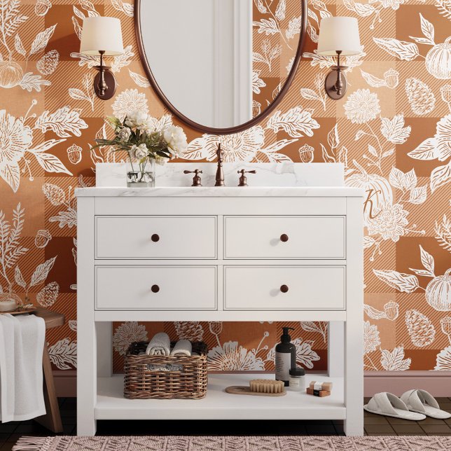 Papier Peint Feuillage Automne Fleurs Automnes & Citrouille Ora (Fall Foliage Autumn Flowers & Pumpkin Orange Plaid Wallpaper)