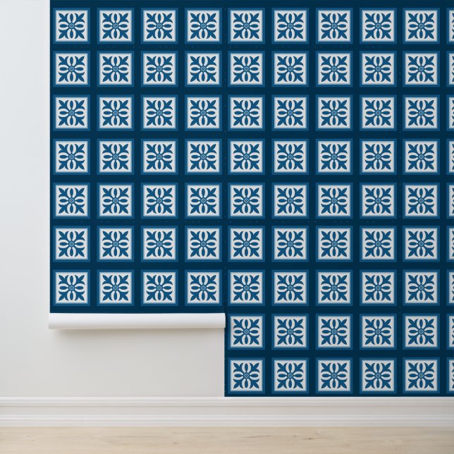 Papier Peint Feuillage carrelé blanc sur bleu marine (Application)