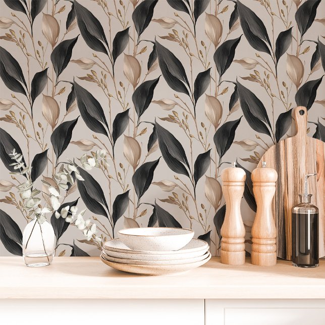 Papier Peint Feuille botanique noire et beige (Créateur téléchargé)