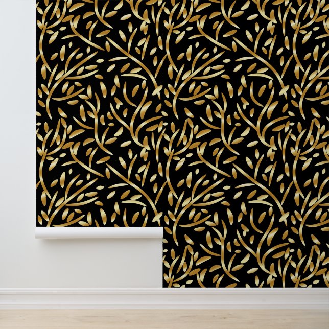 Papier Peint Feuille de Gradient Noir Or Botanique Flore Patter (Application)