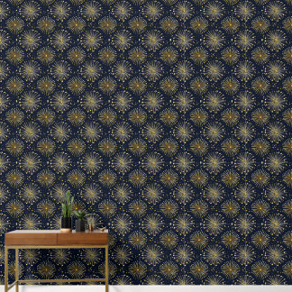 Papier Peint Feuille d'or stylisée, fleurs sur fond bleu de min