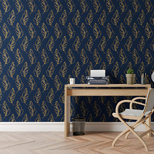 Papier Peint Feuille doré moderne Royal Blue Botanique Motif
