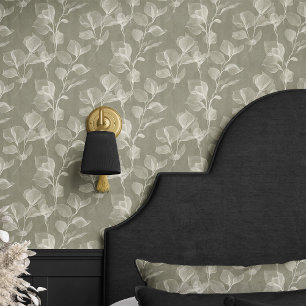 Papier Peint Feuilles Botaniques Douces sur Gris Olive