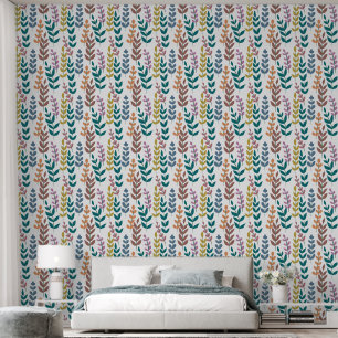 Papier Peint Feuilles botaniques gris jaune bleu orange rose