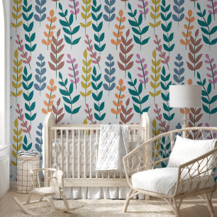 Papier Peint Feuilles botaniques gris jaune bleu orange rose