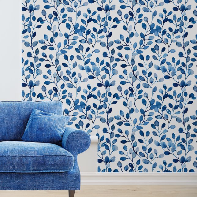 Papier Peint Feuilles de la vigne d'aquarelle bleue (Créateur téléchargé)