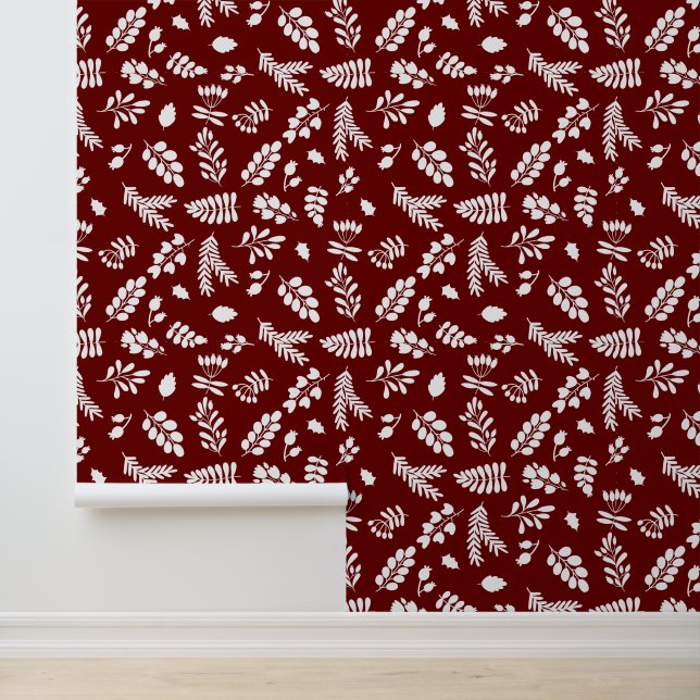 Papier Peint Feuilles et Berries Motif - Cranberry | Blanc (Application)