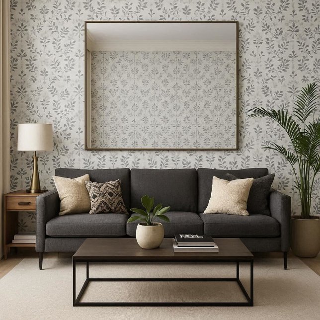 Papier Peint Feuilles gris Abstraits sur blanc (Traditional living room with large mirror and gray leaf print wallpaper )