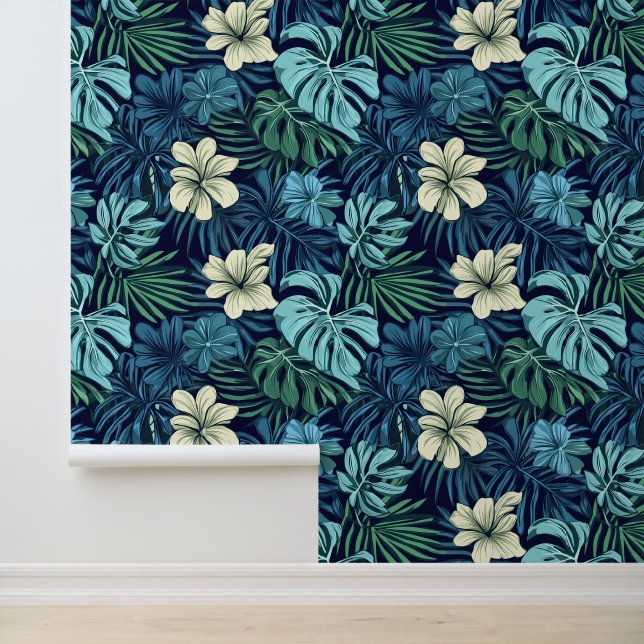 Papier Peint Feuilles tropicaux et fleurs bleu vert (Application)