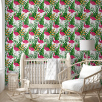 Feuilles tropicaux, Fleurs, Motif Flamants roses r