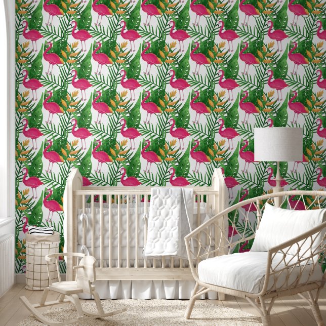Papier Peint Feuilles tropicaux, Fleurs, Motif Flamants roses r (Enfants)