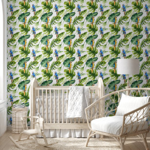 Papier Peint Feuilles tropicaux verts gras avec perroquets colo