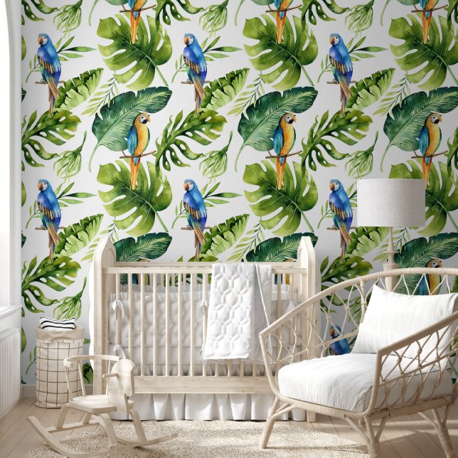 Papier Peint Feuilles tropicaux verts gras avec perroquets colo (Enfants)